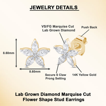 0.70Ct Marquise Diamond Five Petal Flower Stud Earrings