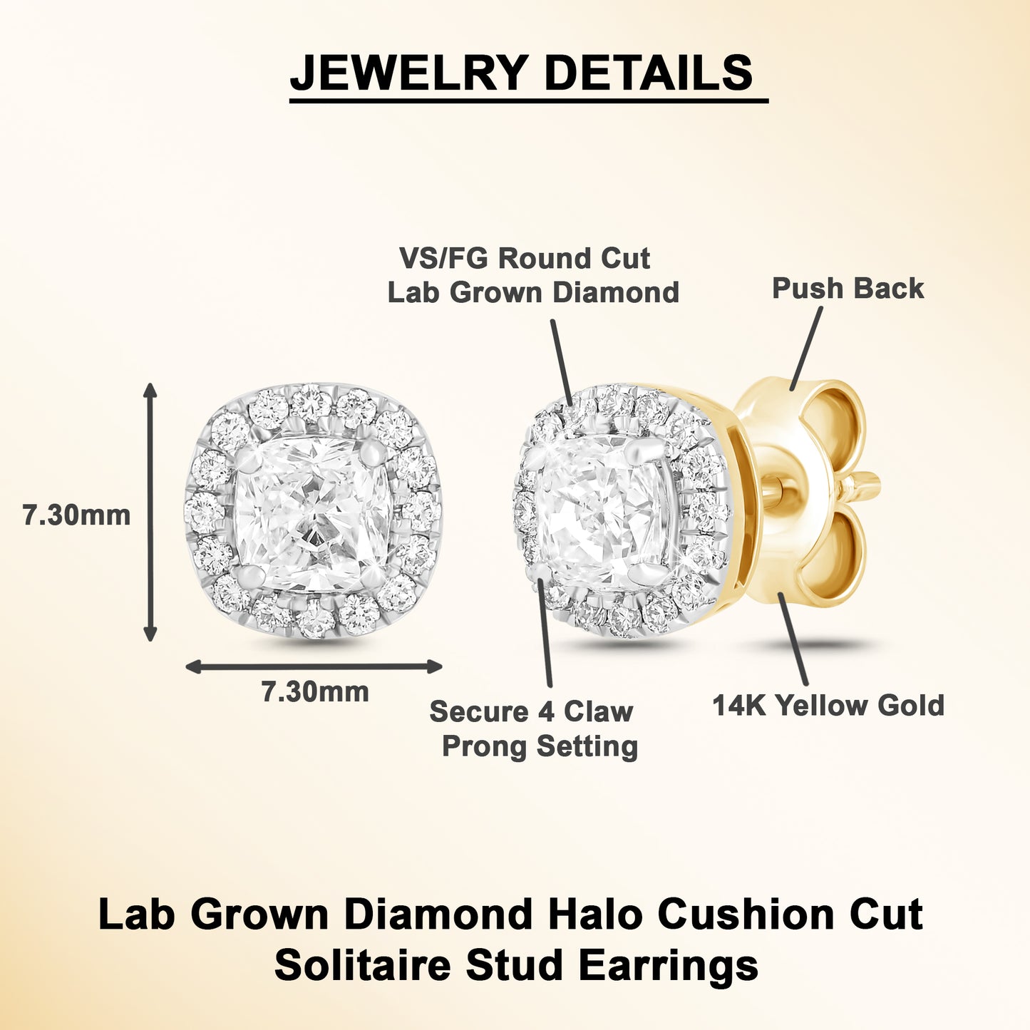 1 Ct Cushion Cut Lab Grown Diamond Halo Stud Earrings