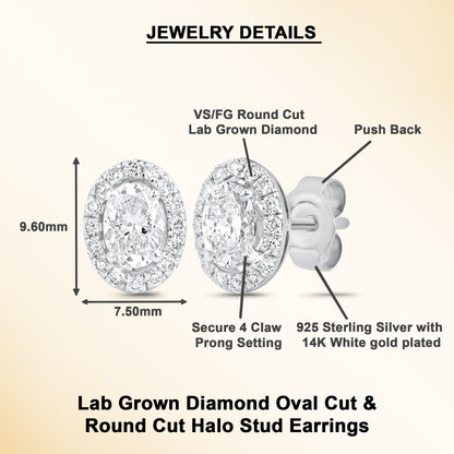 1 Ct Oval Cut Diamond 925 Silver Halo Stud Earrings