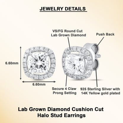 0.53 Ct Cushion Cut Diamond 925 Silver Halo Stud Earrings