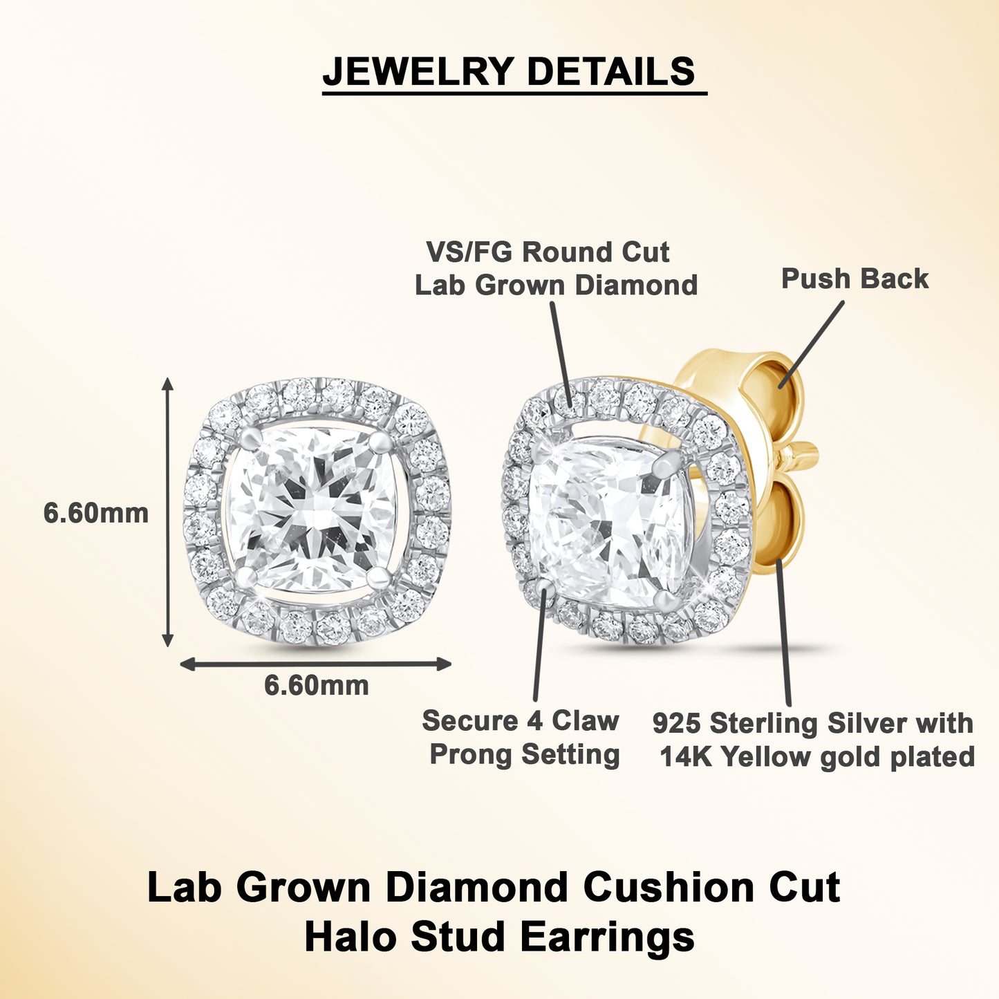 0.53 Ct Cushion Cut Diamond 925 Silver Halo Stud Earrings