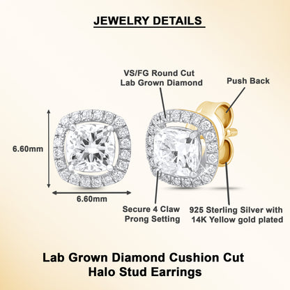 0.53 Ct Cushion Cut Diamond 925 Silver Halo Stud Earrings