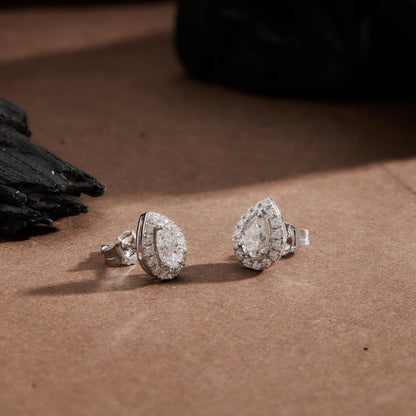 0.92 Ct Pear Cut Diamond 925 Silver Halo Stud Earrings