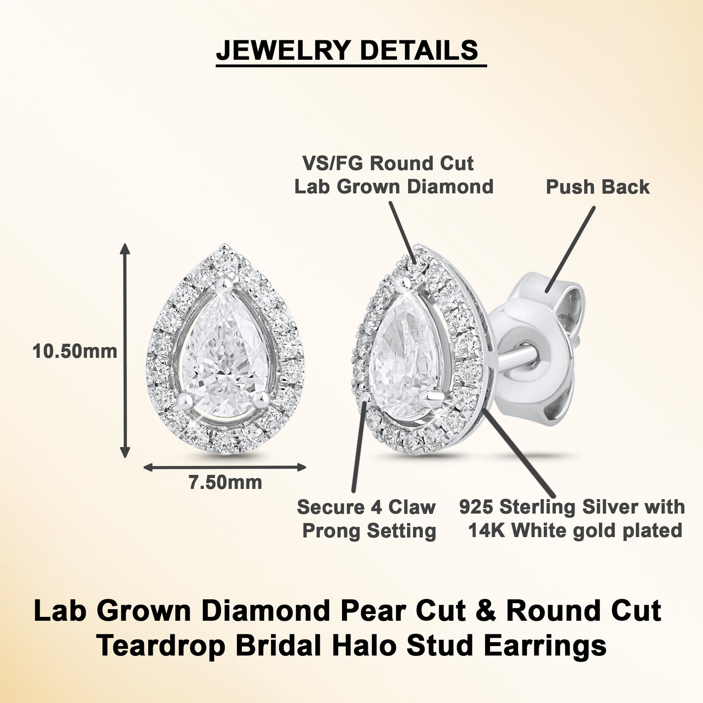 0.92 Ct Pear Cut Diamond 925 Silver Halo Stud Earrings