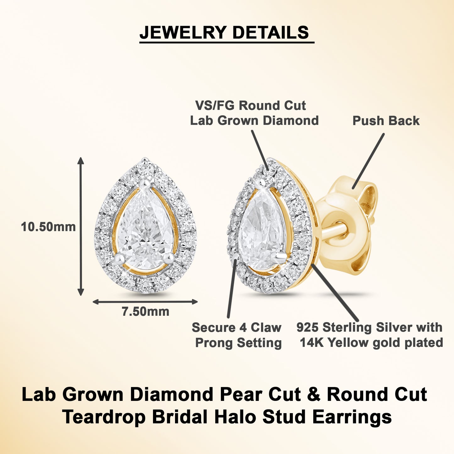 0.92 Ct Pear Cut Diamond 925 Silver Halo Stud Earrings