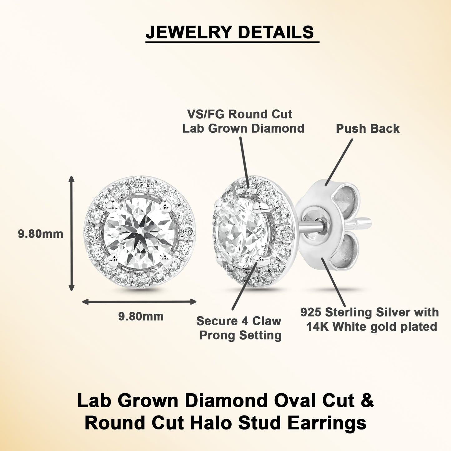 1.3 Ct Round Cut Diamond 925 Silver White Gold Plated Solitaire Halo Stud Earrings