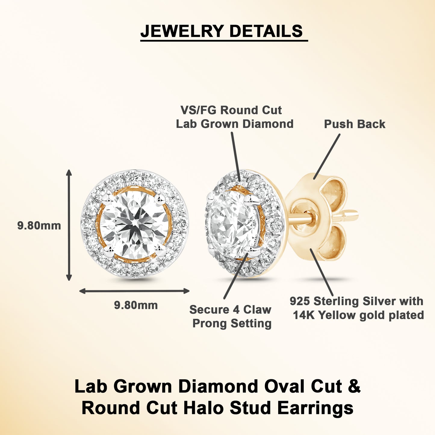 1.3 Ct Round Cut Diamond 925 Silver Yellow Gold Plated Solitaire Halo Stud Earrings