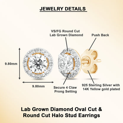 1.3 Ct Round Cut Diamond 925 Silver Yellow Gold Plated Solitaire Halo Stud Earrings
