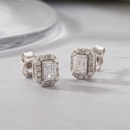 0.75 Ct Emerald & Round Cut Diamond 925 Silver Solitaire Halo Stud Earrings