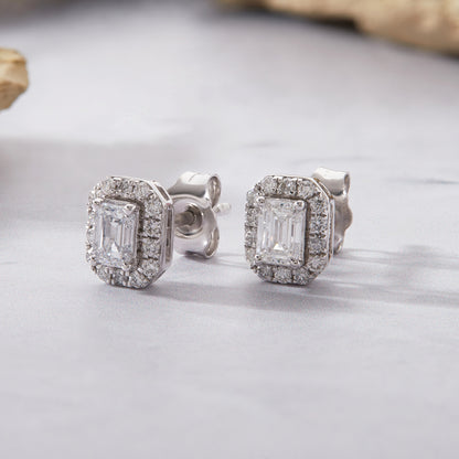 0.75 Ct Emerald & Round Cut Diamond 925 Silver Solitaire Halo Stud Earrings