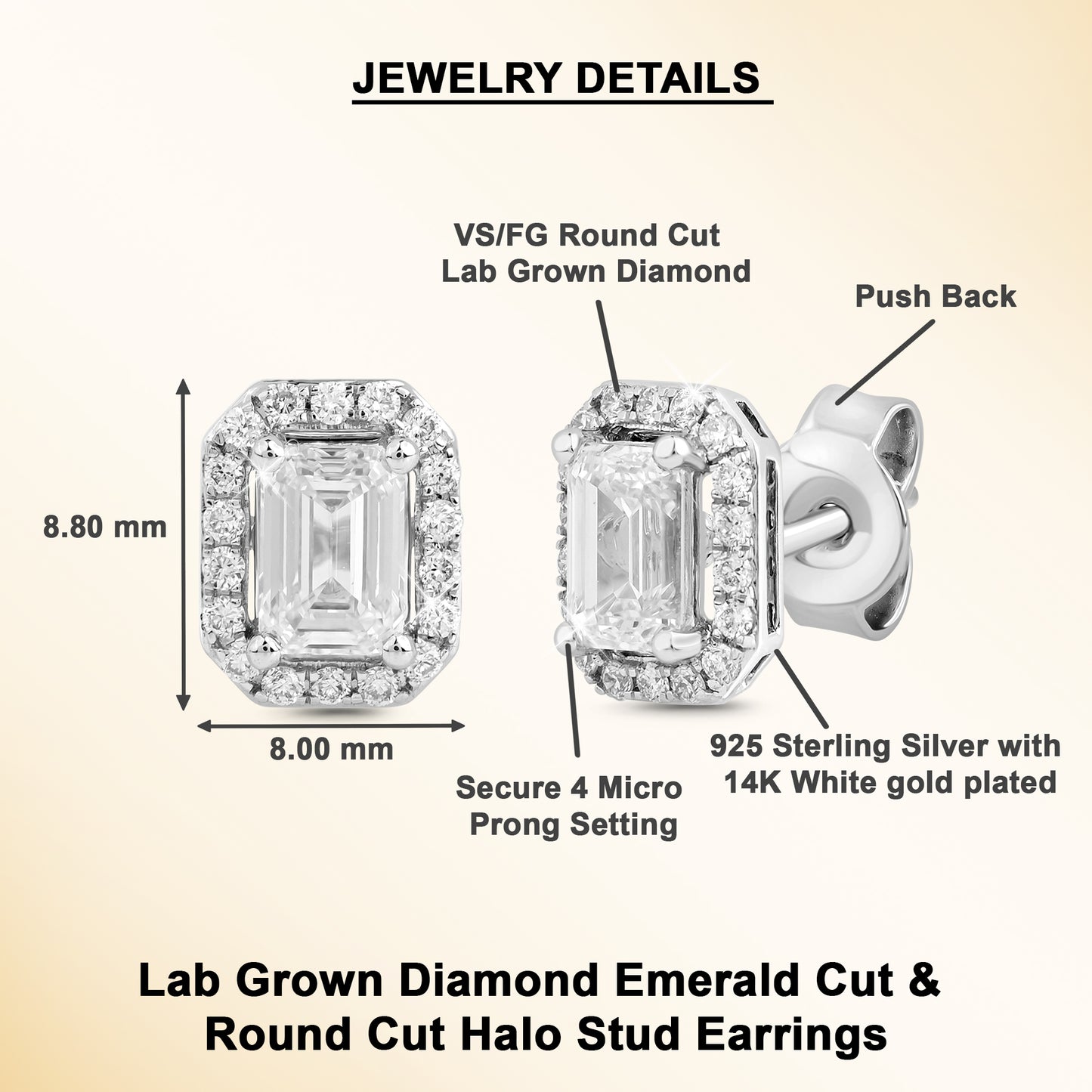 0.75 Ct Emerald & Round Cut Diamond 925 Silver Solitaire Halo Stud Earrings