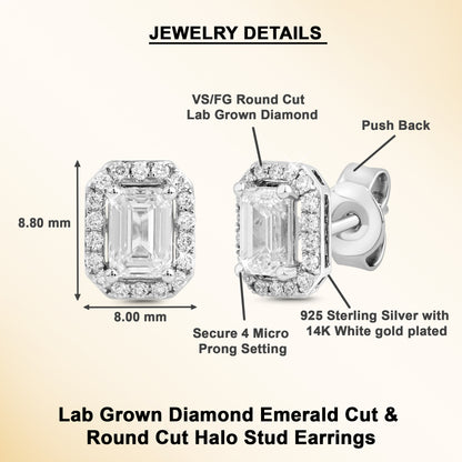 0.75 Ct Emerald & Round Cut Diamond 925 Silver Solitaire Halo Stud Earrings
