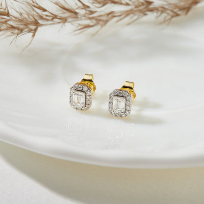0.75 Ct Emerald & Round Cut Diamond 925 Silver Solitaire Halo Stud Earrings