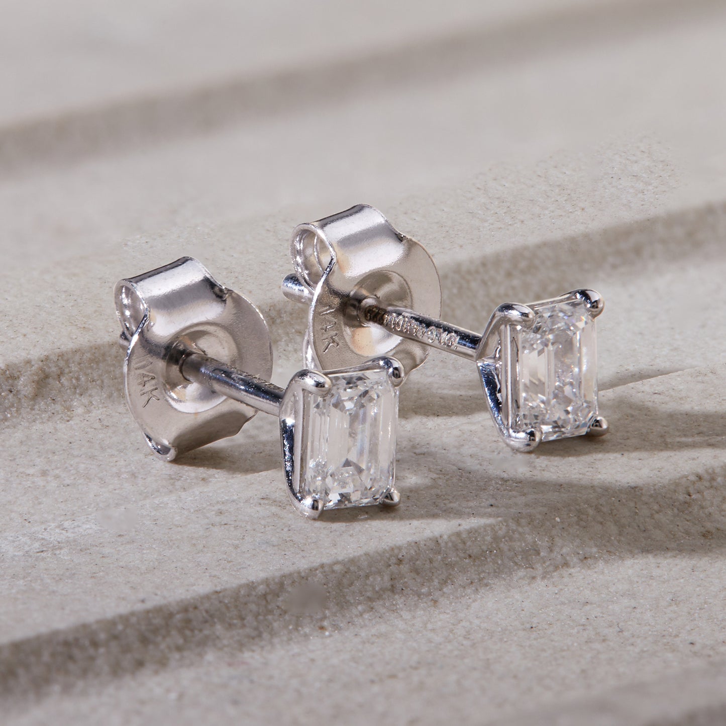 0.45 Ct Emerald Cut Diamond 14K White Gold Solitaire Stud Earrings