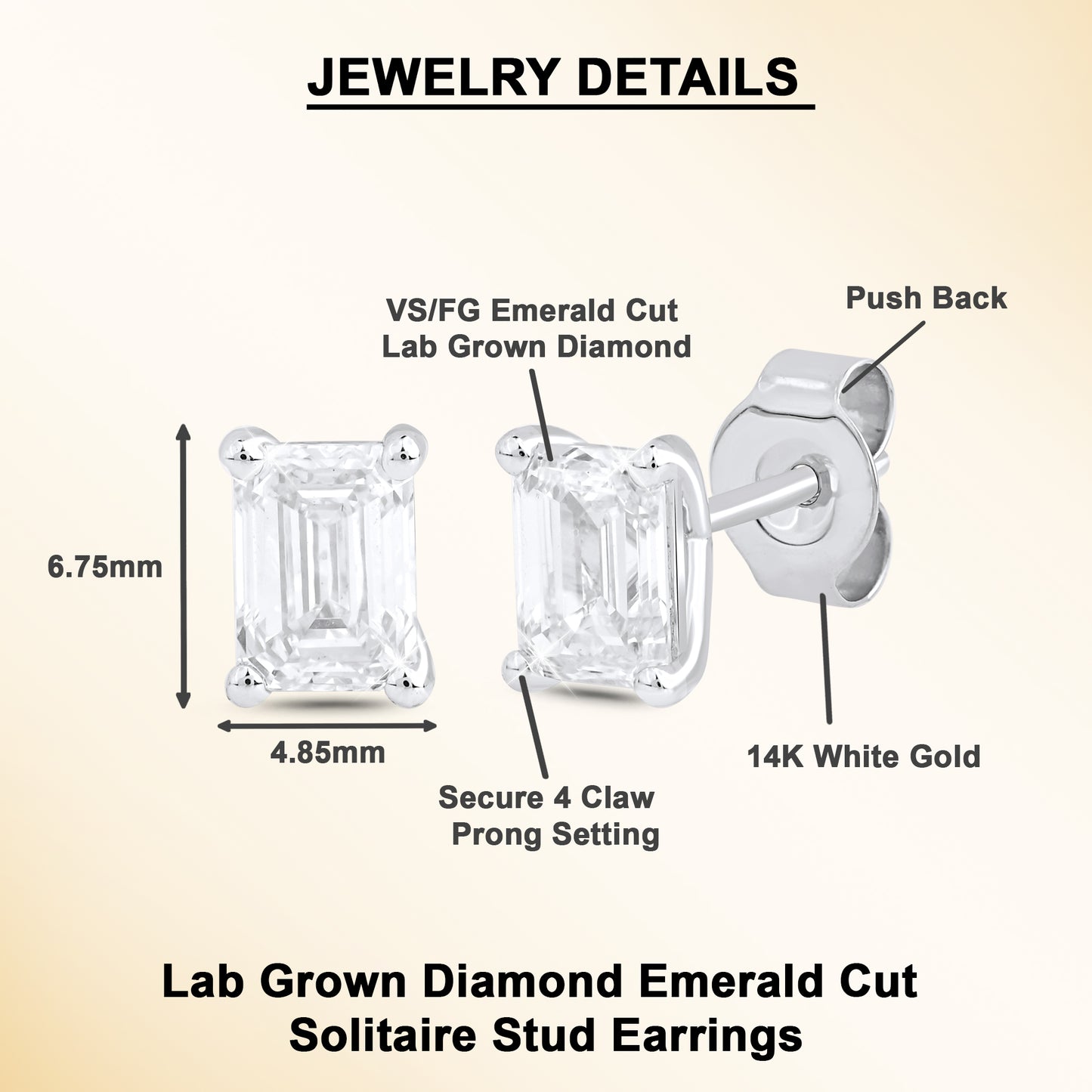 0.45 Ct Emerald Cut Diamond 14K White Gold Solitaire Stud Earrings