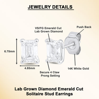 0.45 Ct Emerald Cut Diamond 14K White Gold Solitaire Stud Earrings