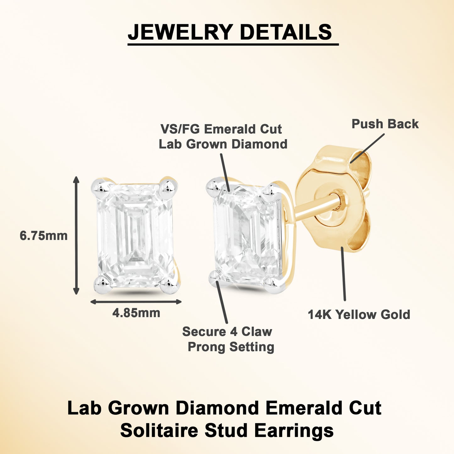 1 Ct Emerald Cut Diamond 14K Gold Solitaire Stud Earrings