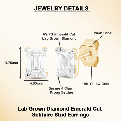 1 Ct Emerald Cut Diamond 14K Gold Solitaire Stud Earrings