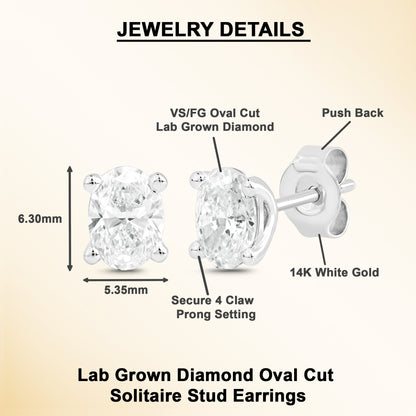Oval Cut Lab Grown Diamond Solitaire 14K Gold Stud Earrings