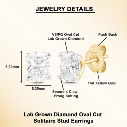 Oval Cut Lab Grown Diamond Solitaire 14K Gold Stud Earrings