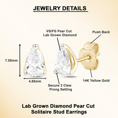 1 Ct Pear Cut Diamond Solitaire Stud Earrings