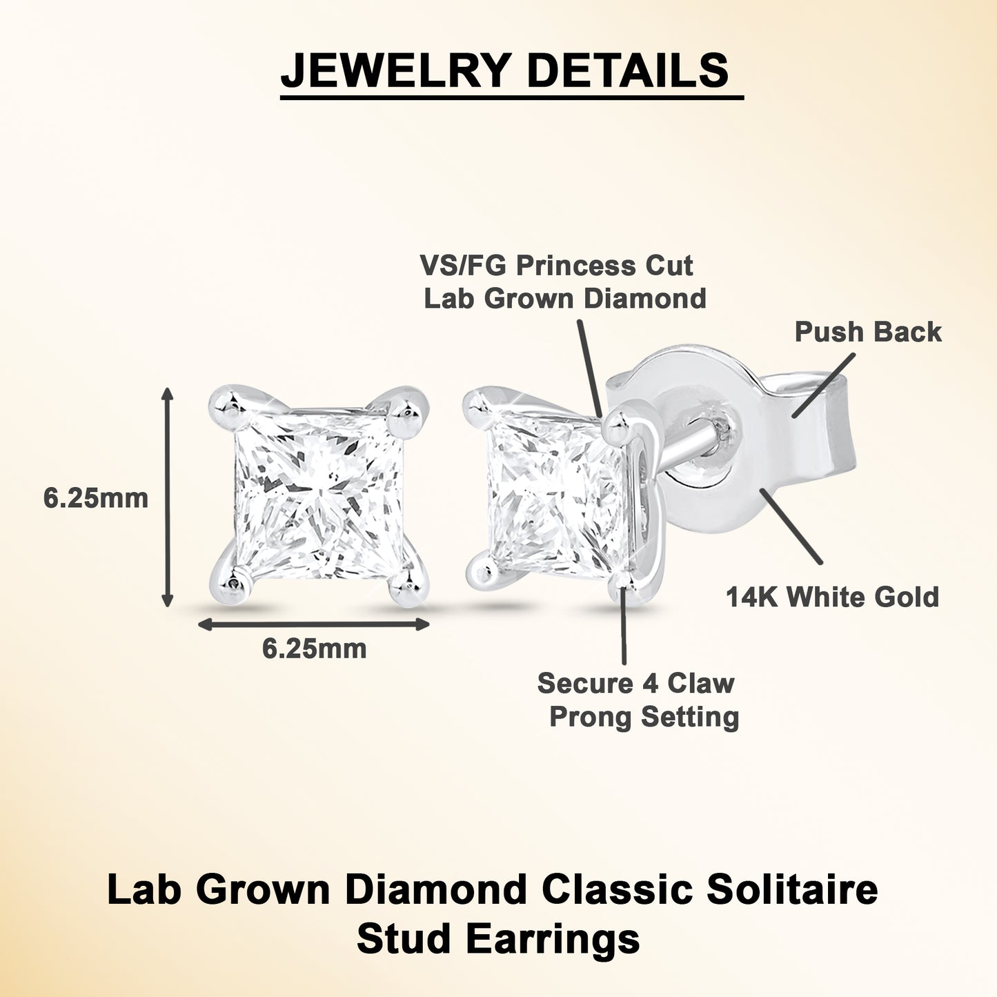 1 Ct Princess Cut Lab Grown Diamond Solitaire 14K Gold Stud Earrings
