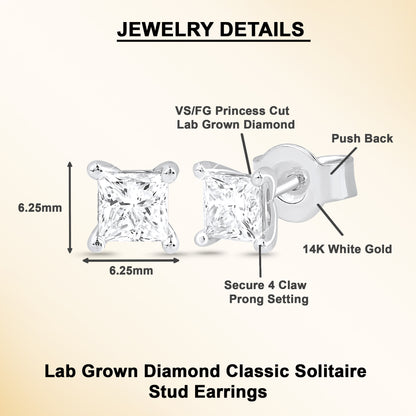 1 Ct Princess Cut Lab Grown Diamond Solitaire 14K Gold Stud Earrings