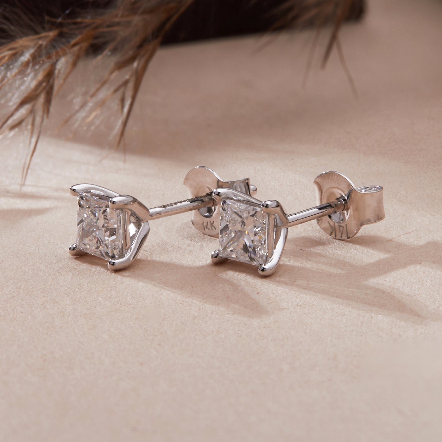 1 Ct Princess Cut Lab Grown Diamond Solitaire 14K Gold Stud Earrings