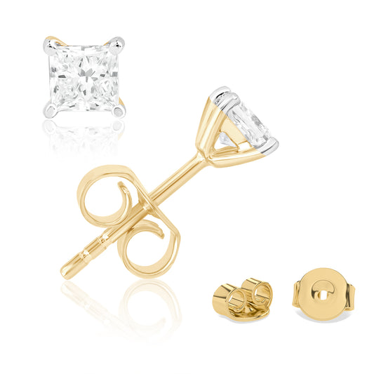 1 Ct Princess Cut Lab Grown Diamond Solitaire 14K Gold Stud Earrings