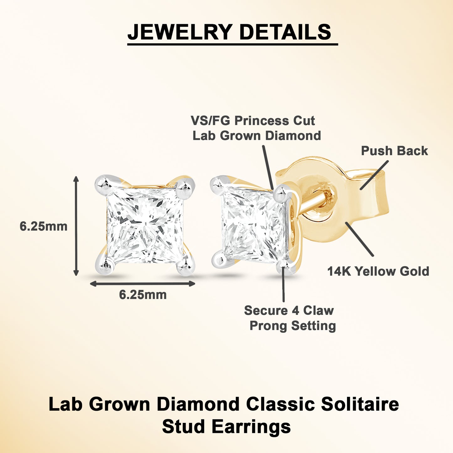 1 Ct Princess Cut Lab Grown Diamond Solitaire 14K Gold Stud Earrings