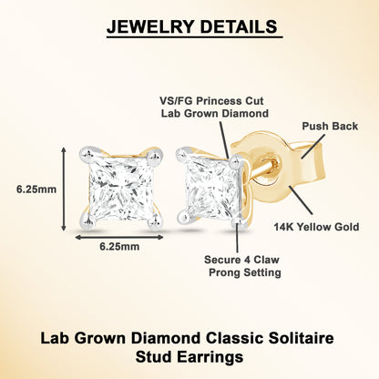 1 Ct Princess Cut Lab Grown Diamond Solitaire 14K Gold Stud Earrings