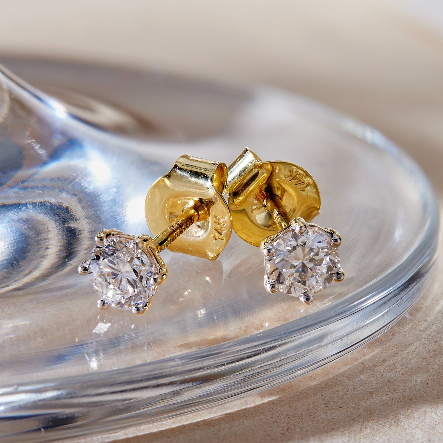 14K Gold 1 Ct Round Cut Lab Grown Diamond 6 Prong Solitaire Stud Earrings