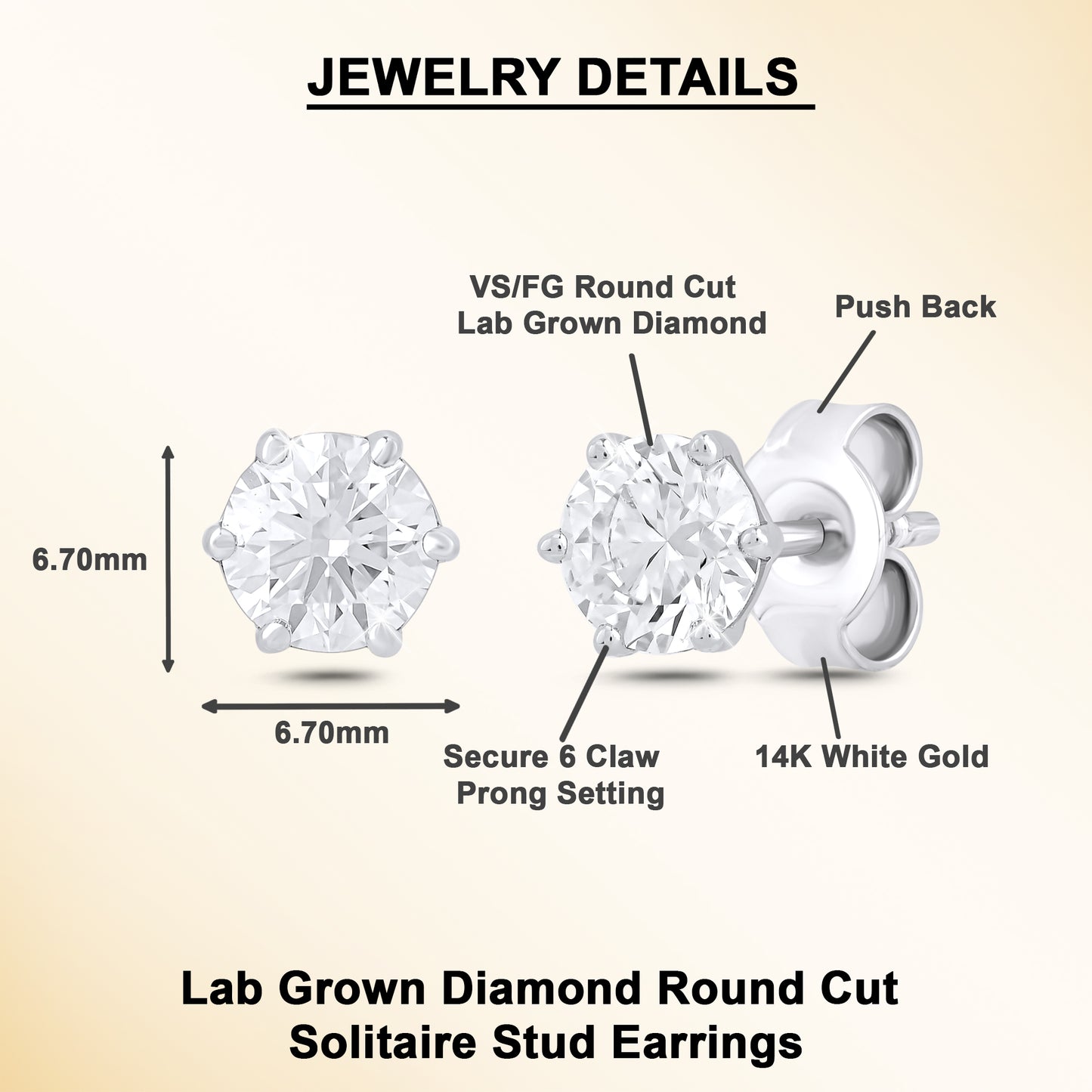 14K Gold 1 Ct Round Cut Lab Grown Diamond 6 Prong Solitaire Stud Earrings
