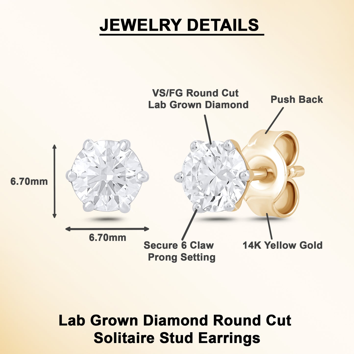 14K Gold 1 Ct Round Cut Lab Grown Diamond 6 Prong Solitaire Stud Earrings