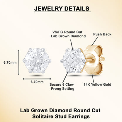 14K Gold 1 Ct Round Cut Lab Grown Diamond 6 Prong Solitaire Stud Earrings