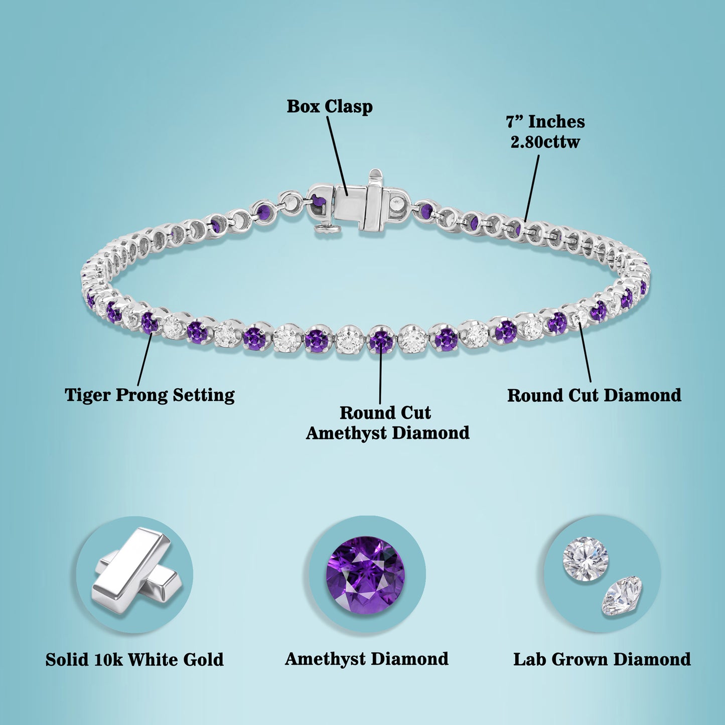 2.80 Ct Round Cut 10K Gold Amethyst Birthstones Tennis Bracelets