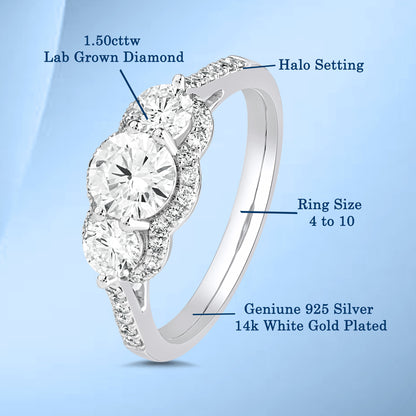 1.50 Ct 925 Sterling Silver Three Stone Side Accent Stone Diamond Ring