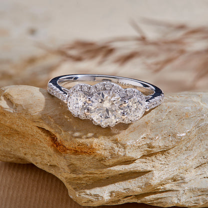 1.50 Ct 925 Sterling Silver Three Stone Side Accent Stone Diamond Ring