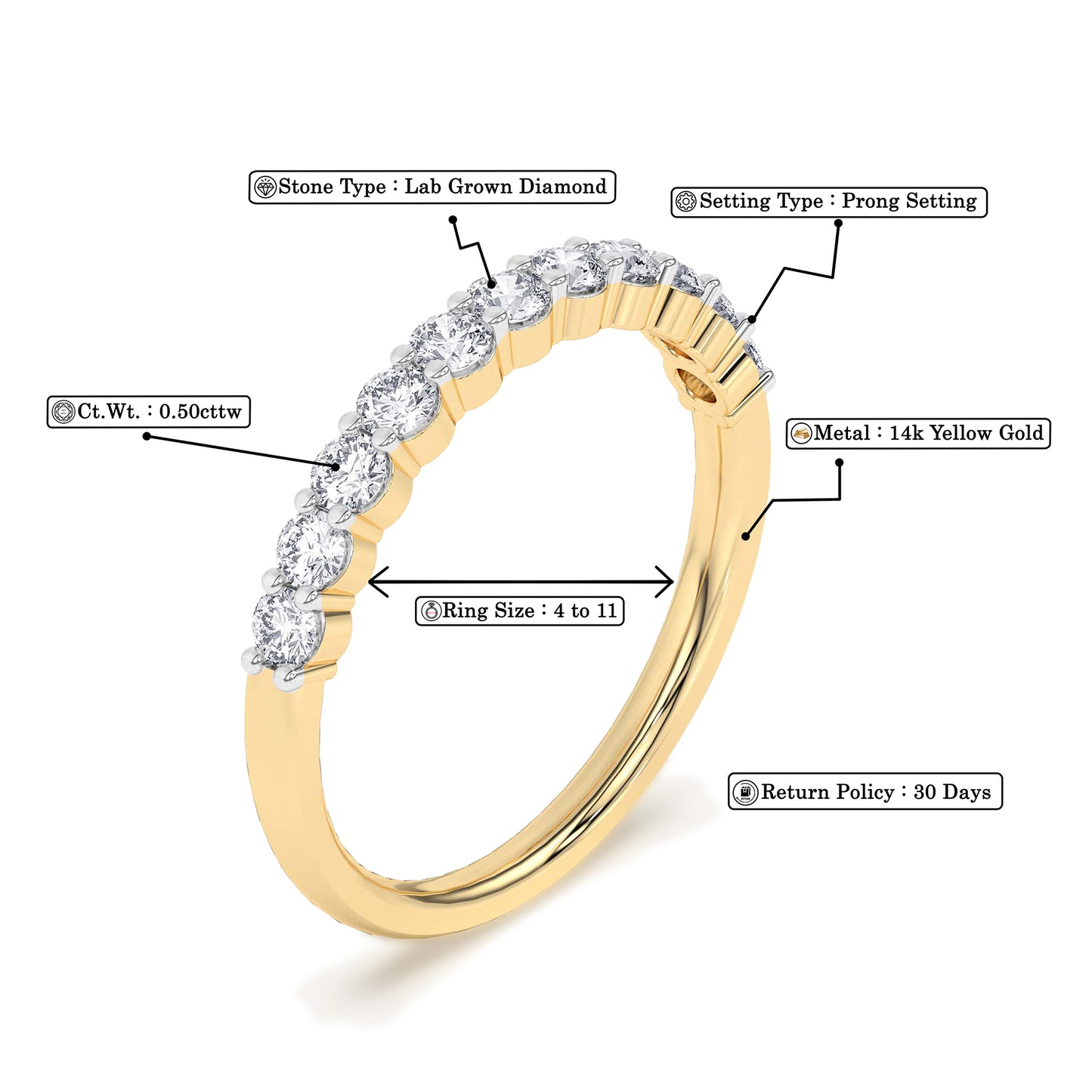 Women’s 0.50 Ct Diamond Half Eternity Wedding Band in 14K Yellow Gold
