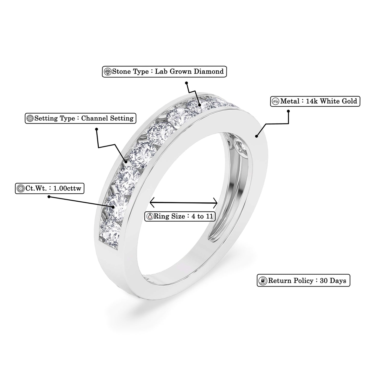 Women’s 1 Ct Diamond Half Eternity Wedding Band in 14K White Gold