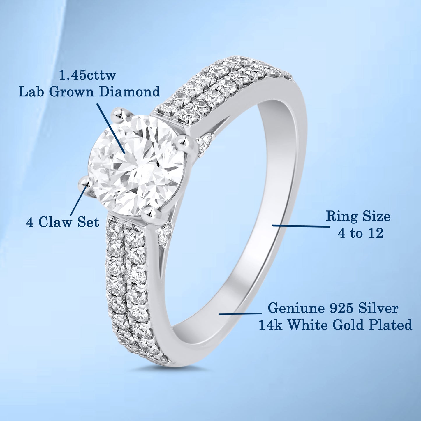 1.45 CT 925 Sterling Silver Solitaire with Accent Women's Engagement Ring