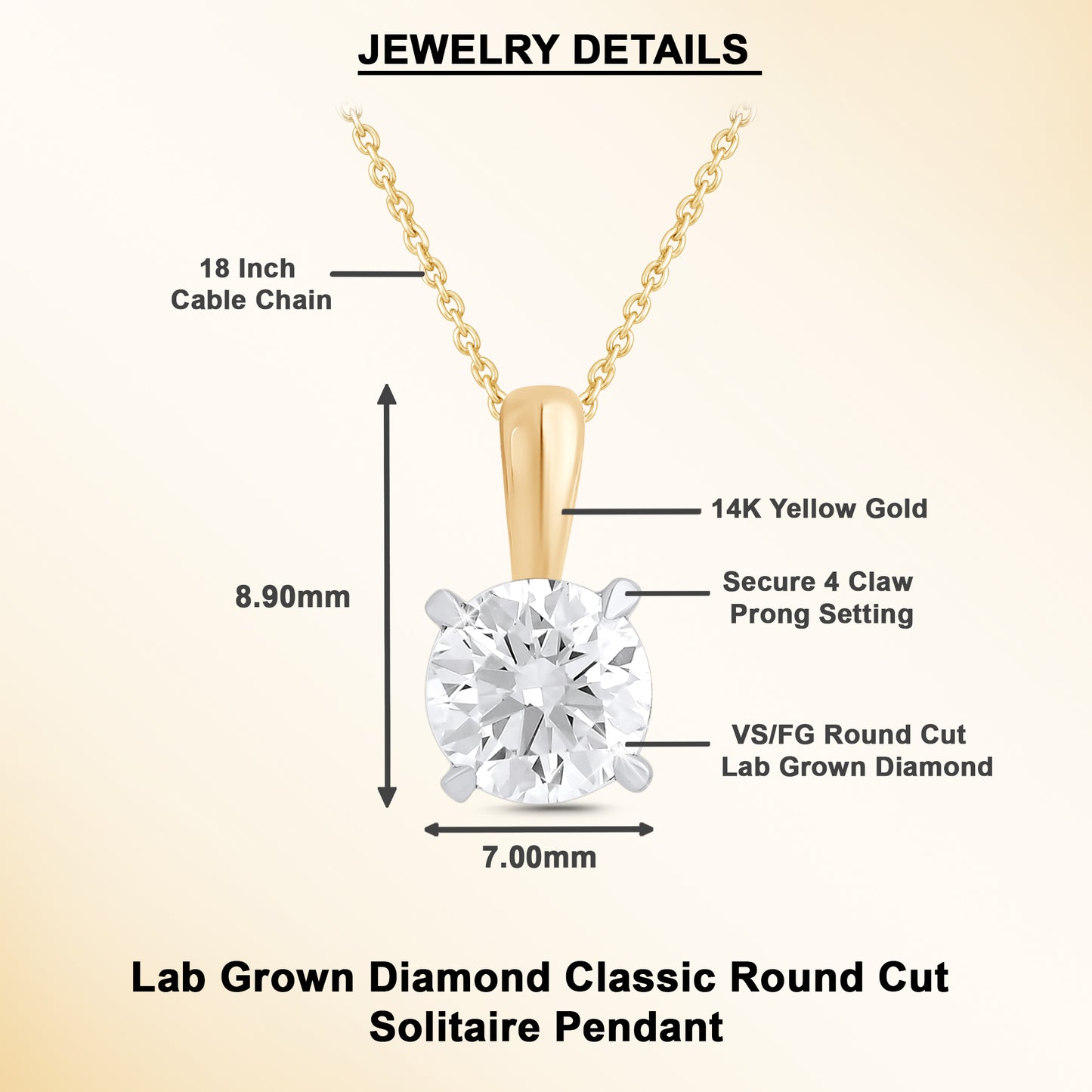 0.5 to 1 Ct Round Cut Lab Grown Diamond Solitaire Pendant Necklace in 14K Gold