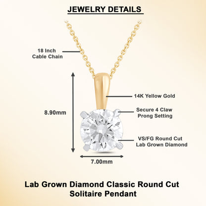 0.5 to 1 Ct Round Cut Lab Grown Diamond Solitaire Pendant Necklace in 14K Gold