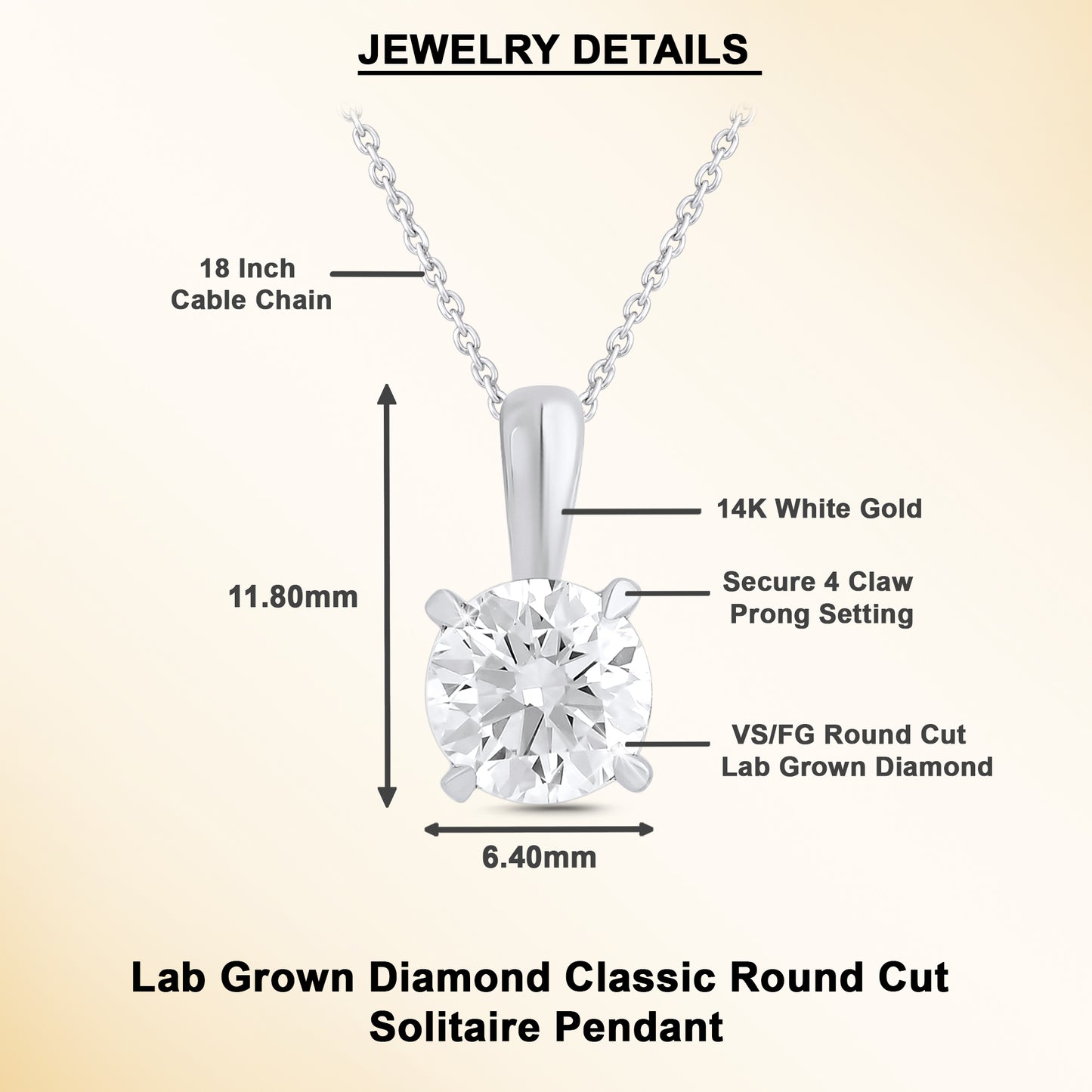 0.5 to 1 Ct Round Cut Lab Grown Diamond Solitaire Pendant Necklace in 14K Gold