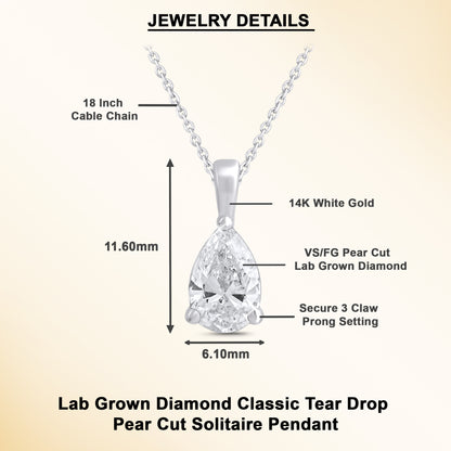 14k Gold 1-0.50 Ct Pear Cut Solitaire Pendant Necklace