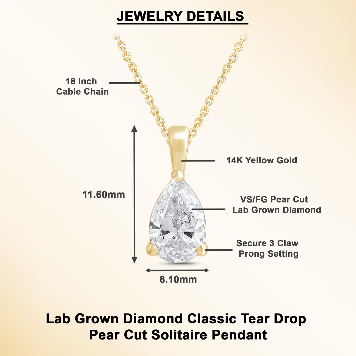 14k Gold 1-0.50 Ct Pear Cut Solitaire Pendant Necklace