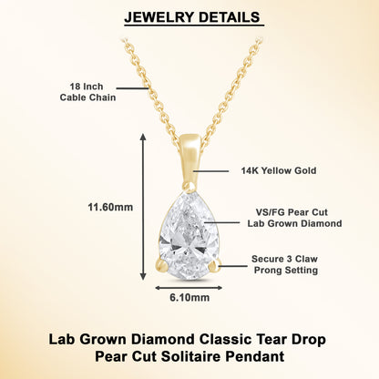14k Gold 1-0.50 Ct Pear Cut Solitaire Pendant Necklace
