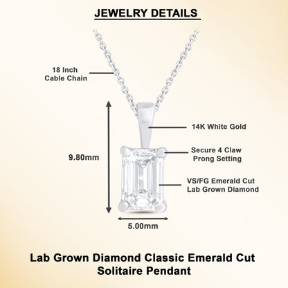 0.50 Ct Emerald Cut Diamond Solitaire Necklace in 14K Gold