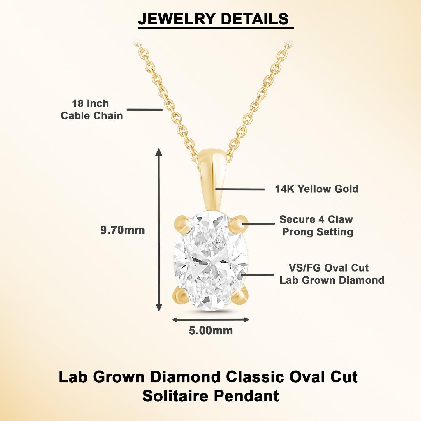 14k Gold 1-0.50 Ct Oval Cut Solitaire Pendant Necklace