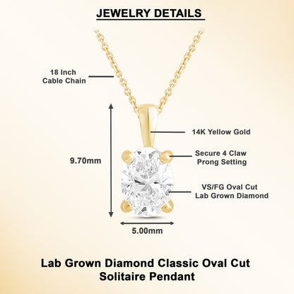14k Gold 1-0.50 Ct Oval Cut Solitaire Pendant Necklace